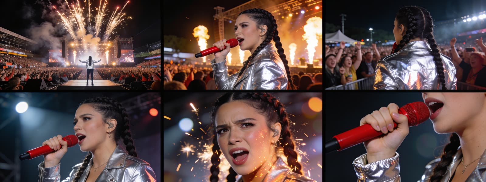 A 2×3 storyboard sheet from the winning prompt: six distinct setups of a festival performance — establishing wide, mediums, close-ups, and an insert — with the singer's jacket, braids, and red microphone consistent in every panel